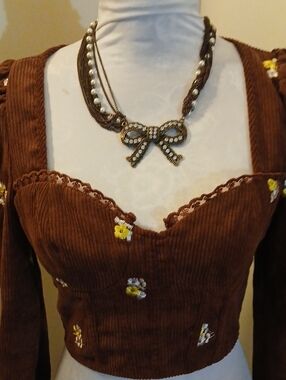 SHEIN Brown Corduroy Floral Embroidered Crop Top